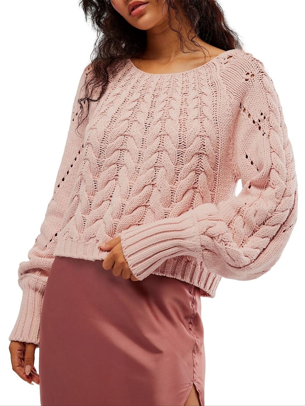 Free People Sandre pullover sweater pink lotus cable knit cropped women's sz XS